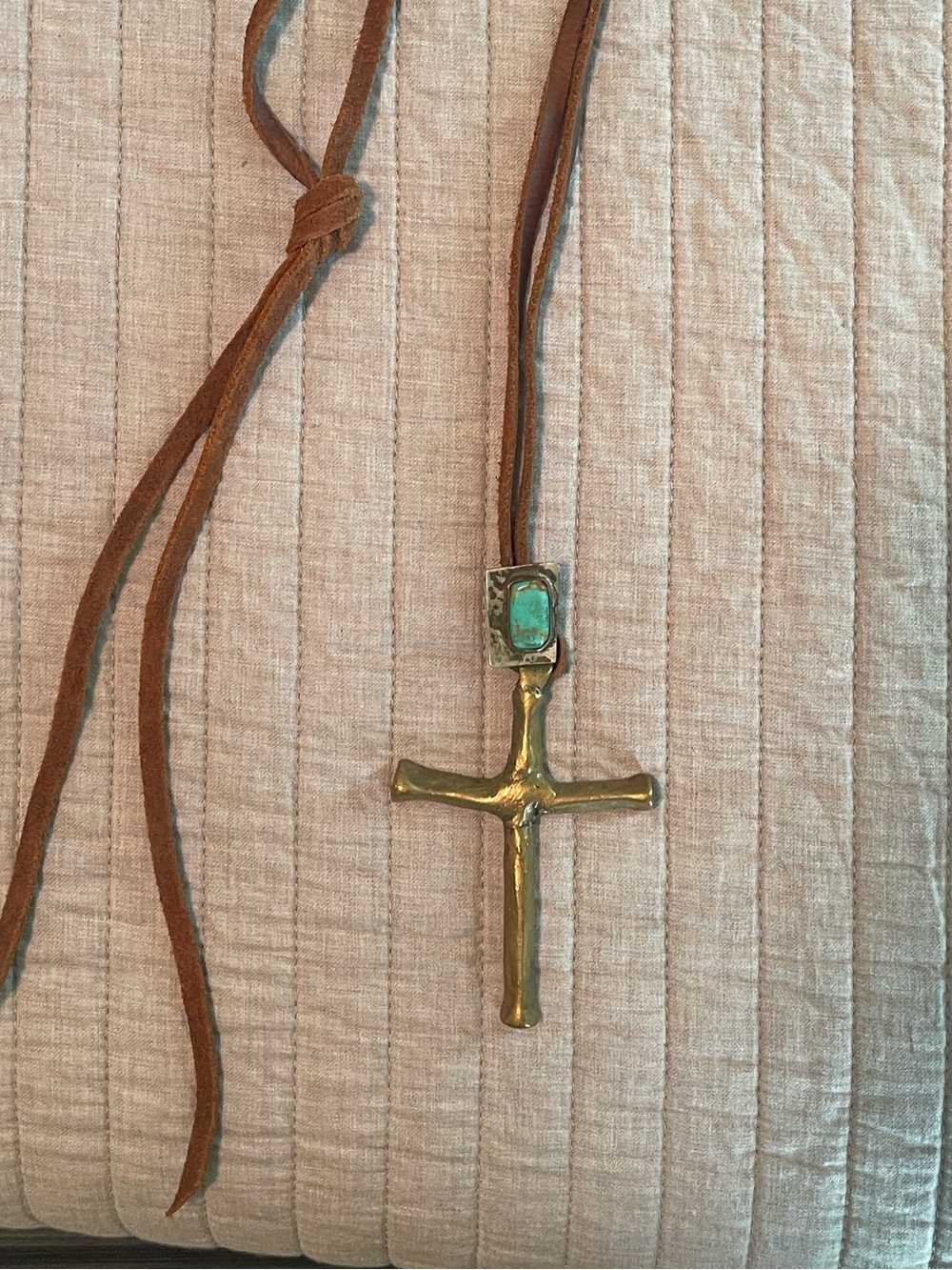 Love Tokens Brown Suede Necklace with Brass Cross and Turquoise Accent